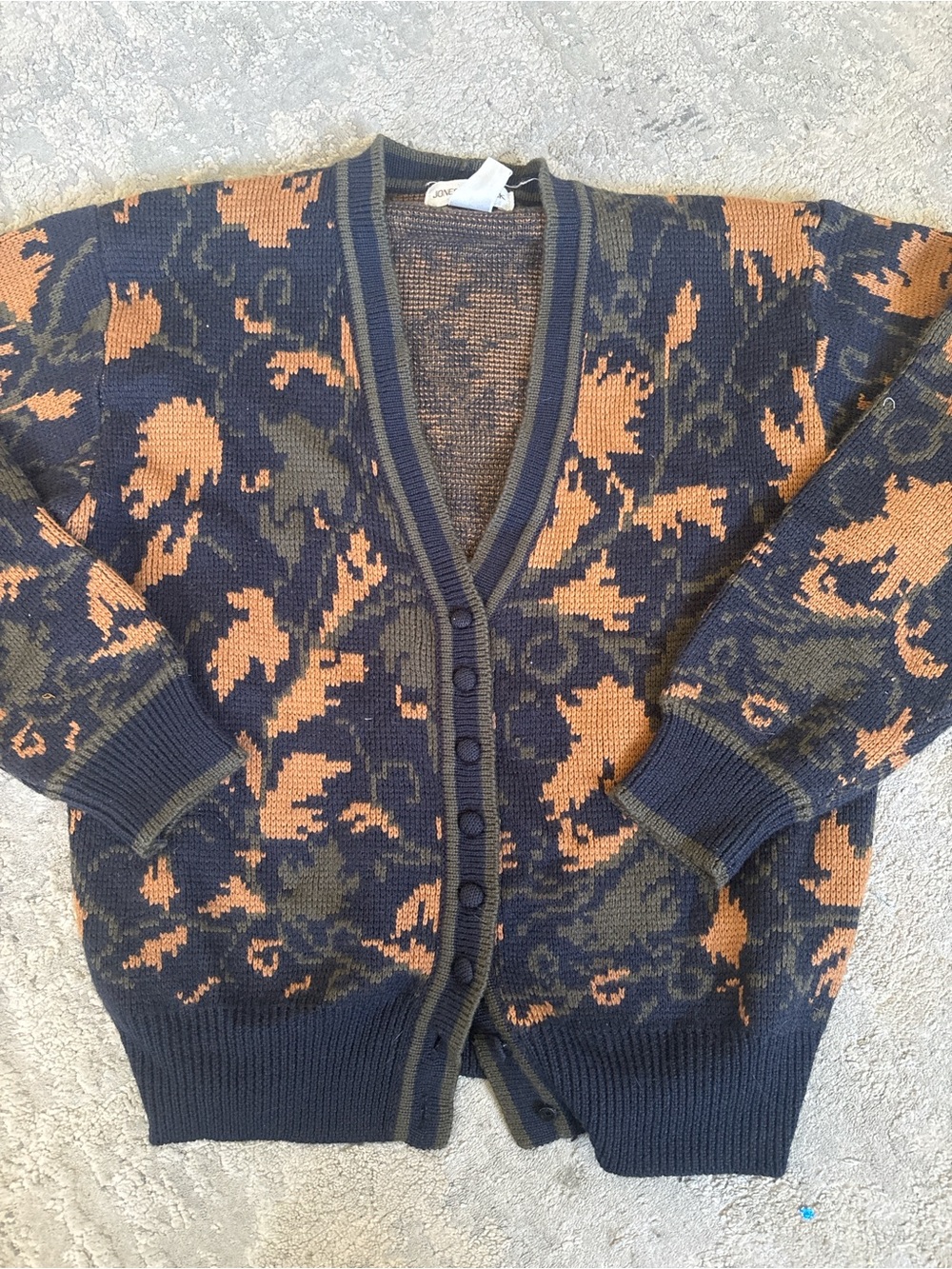 90s VINTAGE Jones New York Navy and Burnt Orange Floral-Pattern Cardigan